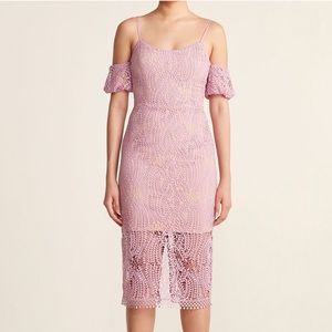 Dress The Population Sacha Cold Shoulder Lace Midi Sheath Dress in Lavender